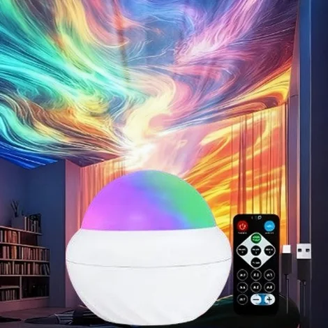Projetor branco com a cúpula acesa em cores, ao lado do controle remoto preto