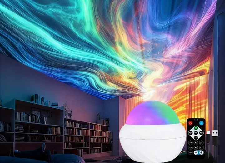 Projetor aceso com aurora colorida cobrindo o teto de uma sala à noite
